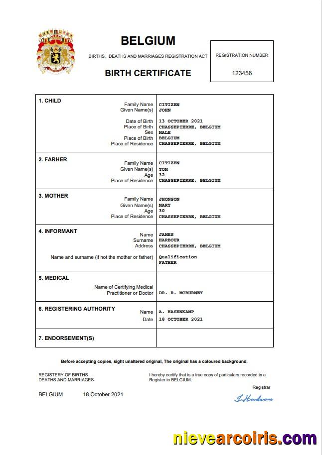 Belgium vital record birth certificate